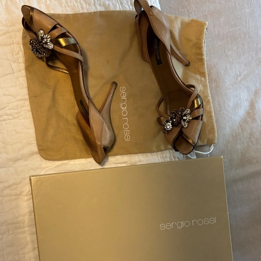 Sergio Rossi Beige and Gold Embellished Heels - Picture 3 of 5